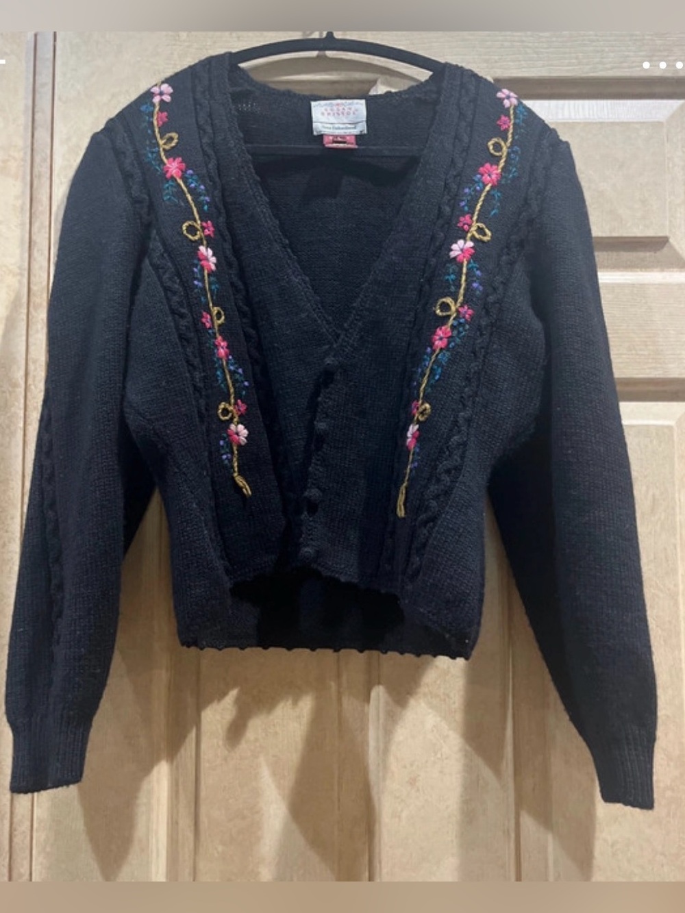 Susan Bristol Black V-Neck Wool Cardigan with Floral Embroidery